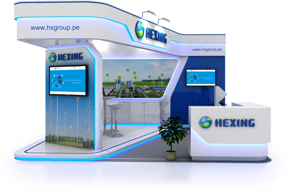 Muestra de stand de empresa Hexing color azul y blanco