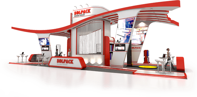 Muestra de stand de empresa Solpack color rojo y blanco